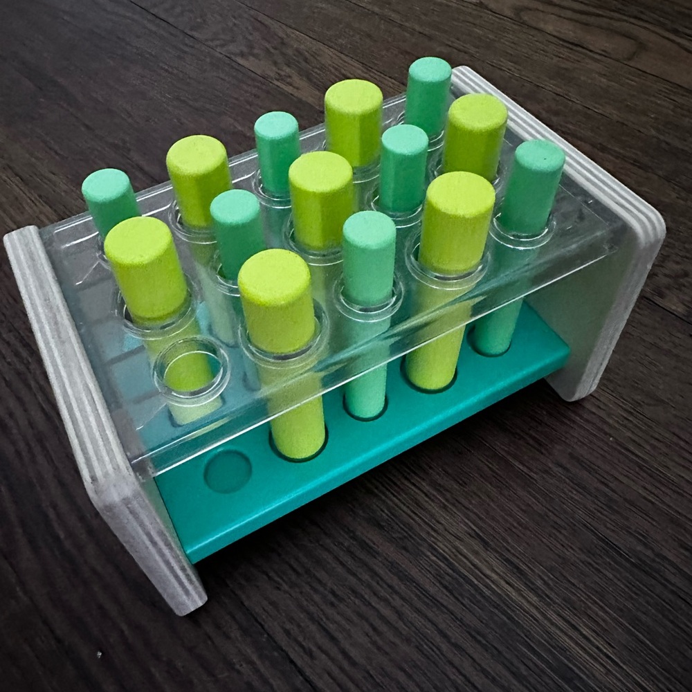 Lovevery Montessori tube Wooden Posting Stand/Green Peg Toy missing ONE